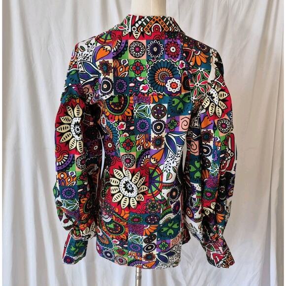 Anthropologie Multicolor Graphic Puff Sleeve Blouse Top Medium Eye Catching - Picture 6 of 7